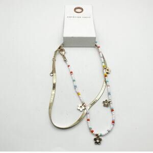 American Eagle Outfitters AEO Gold tone Chain 2 Bracelet Set NWT Flower beads